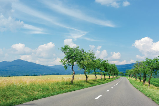 asphalt road through fields in to the mountains. beautiful summer countryside scenery of slovakia. trees along the way. vihorlat range in the distance. fleacy clouds on the blue sky. motion blur