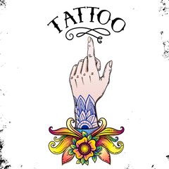 Vector retro Vintage pointing hand drawing. Hand drawn lne art