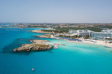 Beautiful aerial view of beautiful beach with blue ocean Mediterranean Sea