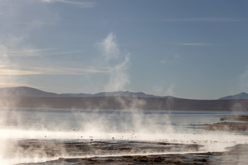 Aguas termales de Polques, hot springs with a pool of steaming natural thermal water in Bolivia