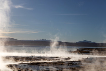 Aguas termales de Polques, hot springs with a pool of steaming natural thermal water in Bolivia