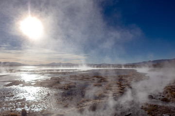 Aguas termales de Polques, hot springs with a pool of steaming natural thermal water in Bolivia