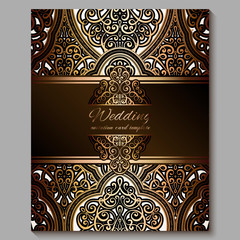 Wedding invitation card with gold shiny eastern and baroque rich foliage. Royal bronze Ornate islamic background for your design. Islam, Arabic, Indian, Dubai.
