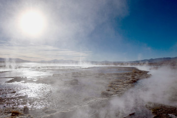 Aguas termales de Polques, hot springs with a pool of steaming natural thermal water in Bolivia