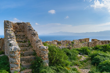 Fototapeta na wymiar Ruins on top of Monemvasia old fortress, Greece