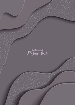 Grey paper cut 3d background. Abstract realistic papercut wavy layers with glight circles texture. Vector illustration flyer layout template