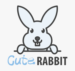 Obraz na płótnie Canvas Vector Logo of сute funny smiling cartoon rabbit. Modern humorous logo template with image of the bunny. Butchery logo. Can be use for advertising farm, market, butcher shop, pet shop, veterinary. 