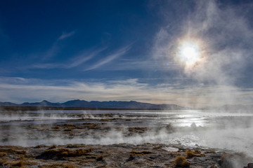 Aguas termales de Polques, hot springs with a pool of steaming natural thermal water in Bolivia