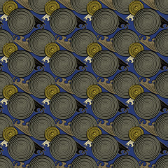 Seamless abstract retro geometric pattern. Illustration of yellow, olive, black and indigo circular elements and swirly waves. Ideal for fashion, gift, paper, scrapbooking and fabric.