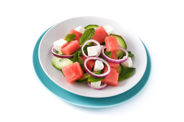 Watermelon salad with feta cheese isolated on white background. 
