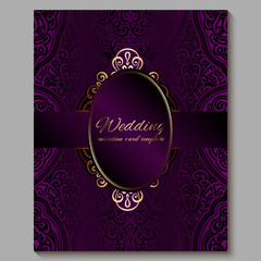 Wedding invitation card with gold shiny eastern and baroque rich foliage. Royal purple Ornate islamic background for your design. Islam, Arabic, Indian, Dubai.