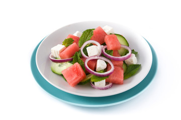 Watermelon salad with feta cheese isolated on white background. 