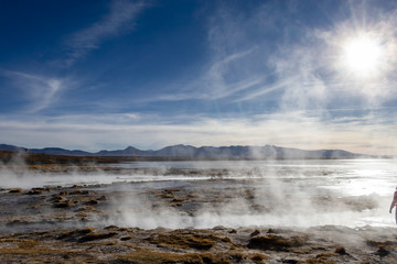 Aguas termales de Polques, hot springs with a pool of steaming natural thermal water in Bolivia