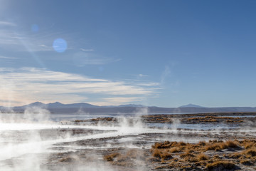 Aguas termales de Polques, hot springs with a pool of steaming natural thermal water in Bolivia