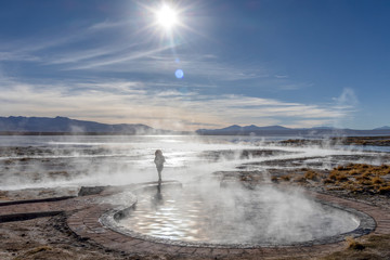 Aguas termales de Polques, hot springs with a pool of steaming natural thermal water in Bolivia