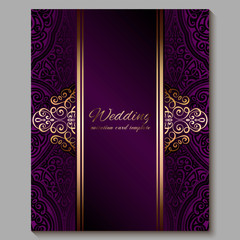 Wedding invitation card with gold shiny eastern and baroque rich foliage. Royal purple Ornate islamic background for your design. Islam, Arabic, Indian, Dubai.