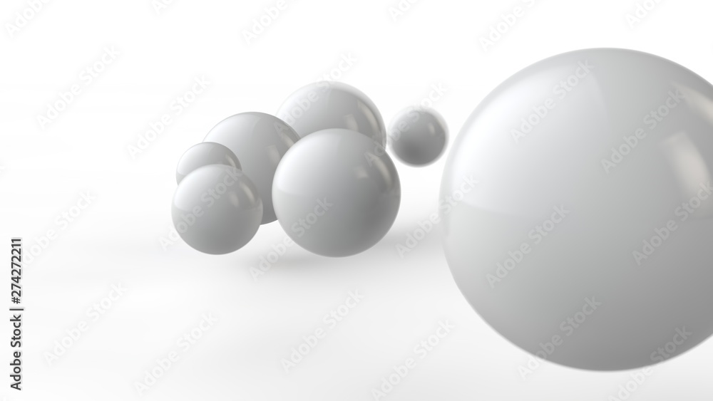 Poster 3d illustration of large and small white balls, spheres, geometric shapes isolated on a white backgr