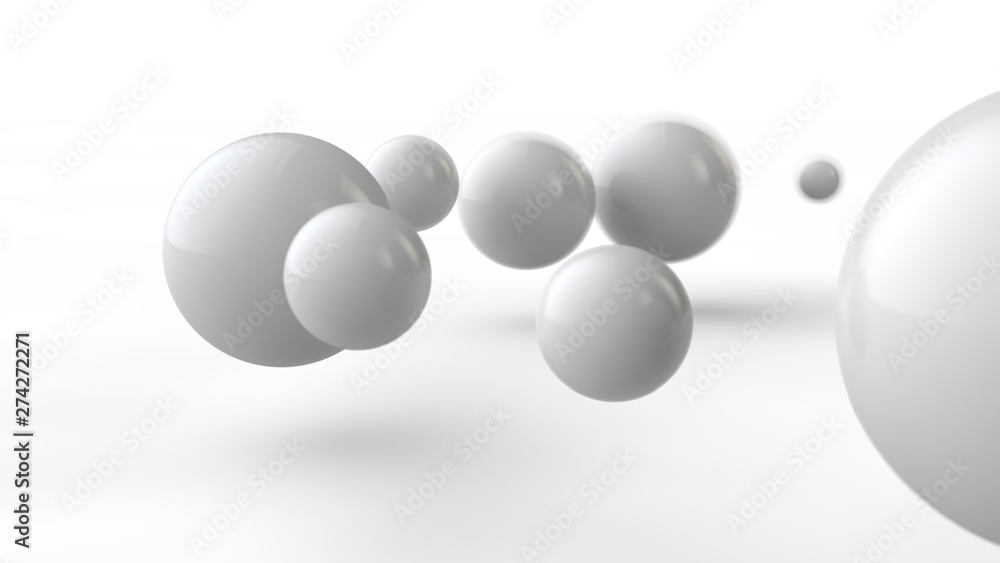 Poster 3d illustration of large and small white balls, spheres, geometric shapes isolated on a white backgr