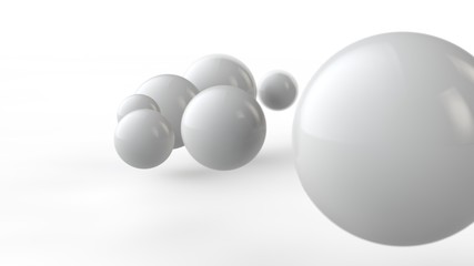 3D illustration of large and small white balls, spheres, geometric shapes isolated on a white background. Abstract, futuristic image of objects of perfect shape. 3D rendering