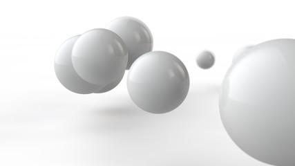 3D illustration of large and small white balls, spheres, geometric shapes isolated on a white background. Abstract, futuristic image of objects of perfect shape. 3D rendering