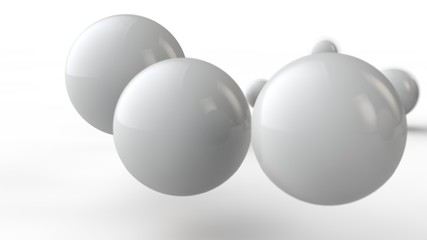 3D illustration of large and small white balls, spheres, geometric shapes isolated on a white background. Abstract, futuristic, the image of objects of ideal form. 3D rendering of the idea of order