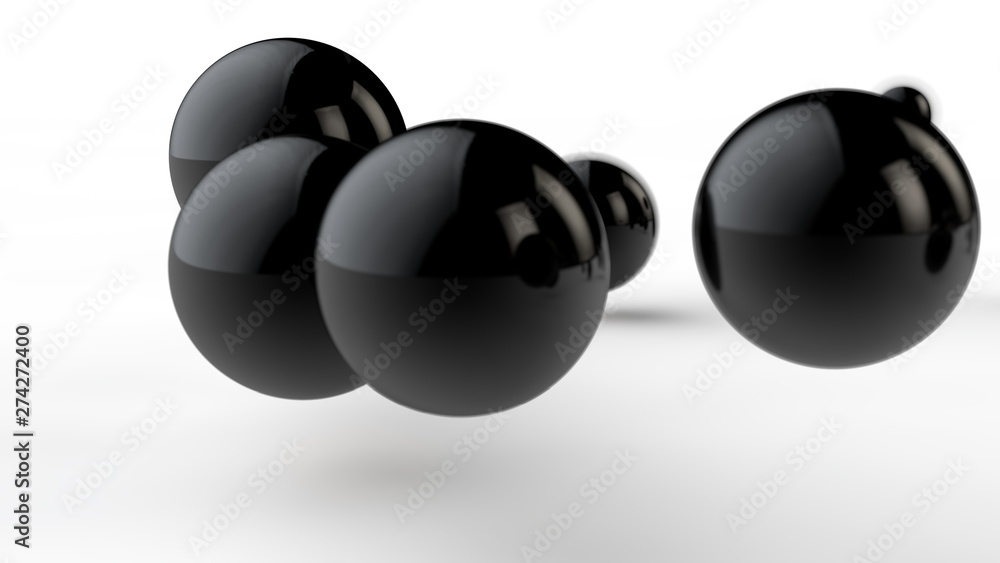 Poster 3d illustration of large and small black balls, spheres, geometric shapes isolated on a white backgr