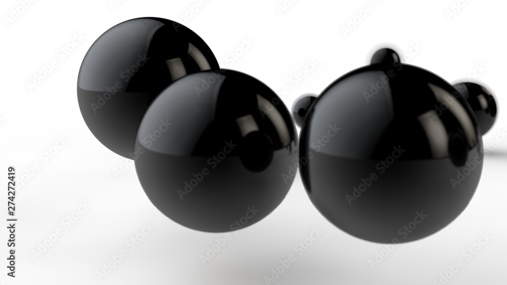 Poster 3d illustration of large and small black balls, spheres, geometric shapes isolated on a white backgr