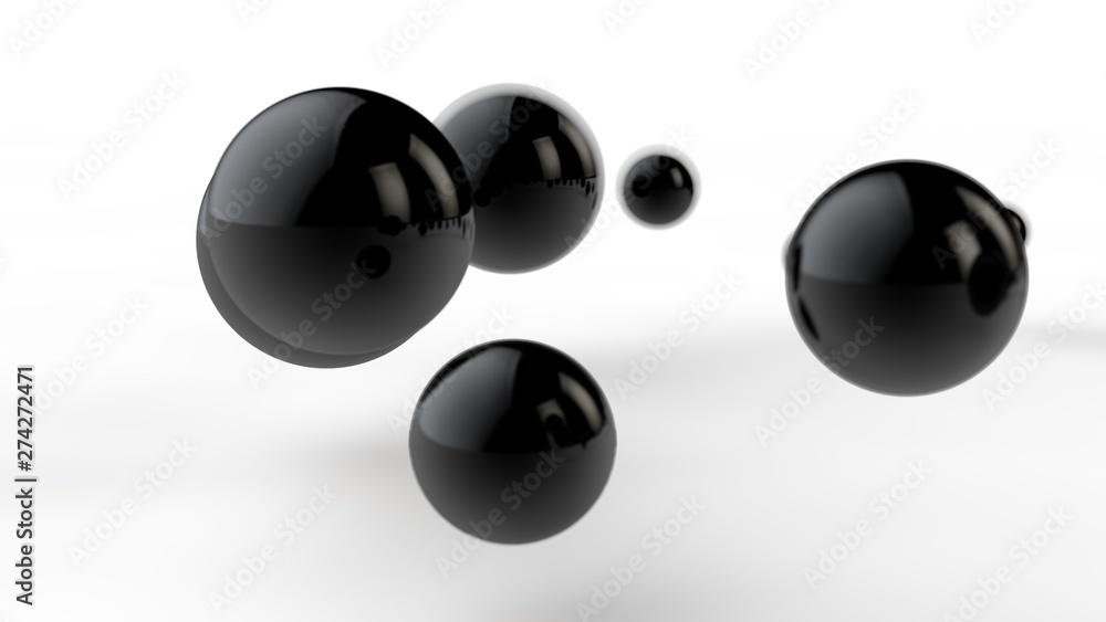Poster 3d illustration of large and small black balls, spheres, geometric shapes isolated on a white backgr