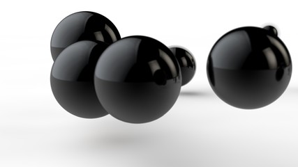 3D illustration of large and small black balls, spheres, geometric shapes isolated on a white background. Abstract, futuristic, the image of objects of ideal form. 3D rendering of the idea of order