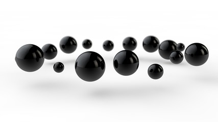 3D illustration of many small black balls, spheres arranged in a ring over a white surface receiving shadows. 3D rendering of abstract background, futuristic design, perfect geometric bodies.
