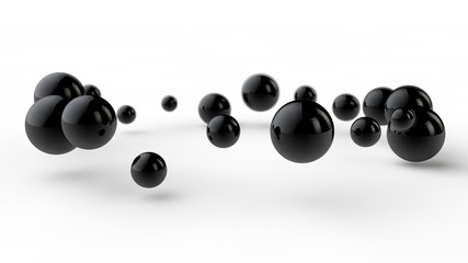3D illustration of many small black balls, spheres arranged in a ring over a white surface receiving shadows. 3D rendering of abstract background, futuristic design, perfect geometric bodies.
