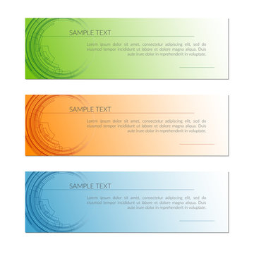 Card with abstract radial circle lines Tech lines on a orange blue green background Creative technology card template design element app Abstract background for business card ads tech theme Vector set