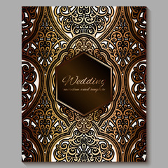 Wedding invitation card with gold shiny eastern and baroque rich foliage. Royal bronze Ornate islamic background for your design. Islam, Arabic, Indian, Dubai.