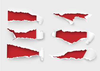 Torn ripped paper vector template, sides with ripped edges on realistic paper background. Ripped side set of banners for web and print and space for text.