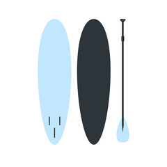 Vector flat cartoon set of blue sup stand up paddle surf board isolated on white background