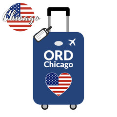 Luggage with airport station code IATA or location identifier and destination city name Chicago, ORD. Travel to the United States of America concept. Heart shaped flag of the USA on the baggage.