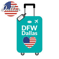 Luggage with airport station code IATA or location identifier and destination city name Dallas, DFW. Travel to the United States of America concept. Heart shaped flag of the USA on the baggage.