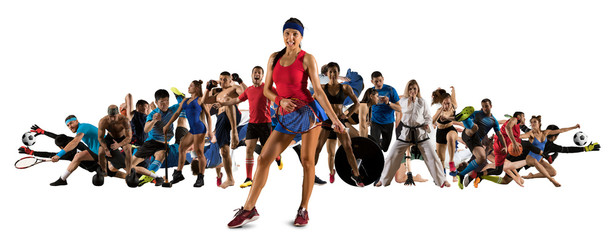Sport collage. Tennis, soccer, taekwondo, fitness, bodybuilding, fighter and basketball players