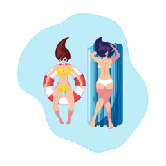 girls with swimsuit in lifeguard and mattress floats in water