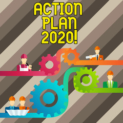 Conceptual hand writing showing Action Plan 2020. Concept meaning proposed strategy or course of actions for next year Cog Gear Setting Icon Connect Men from Different Character