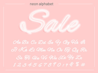 Neon script alphabet font. White neon uppercase and lowercase letters and numbers. Hand drawn vector typeface for your headers or any typography design. Powder background for fashion and shops