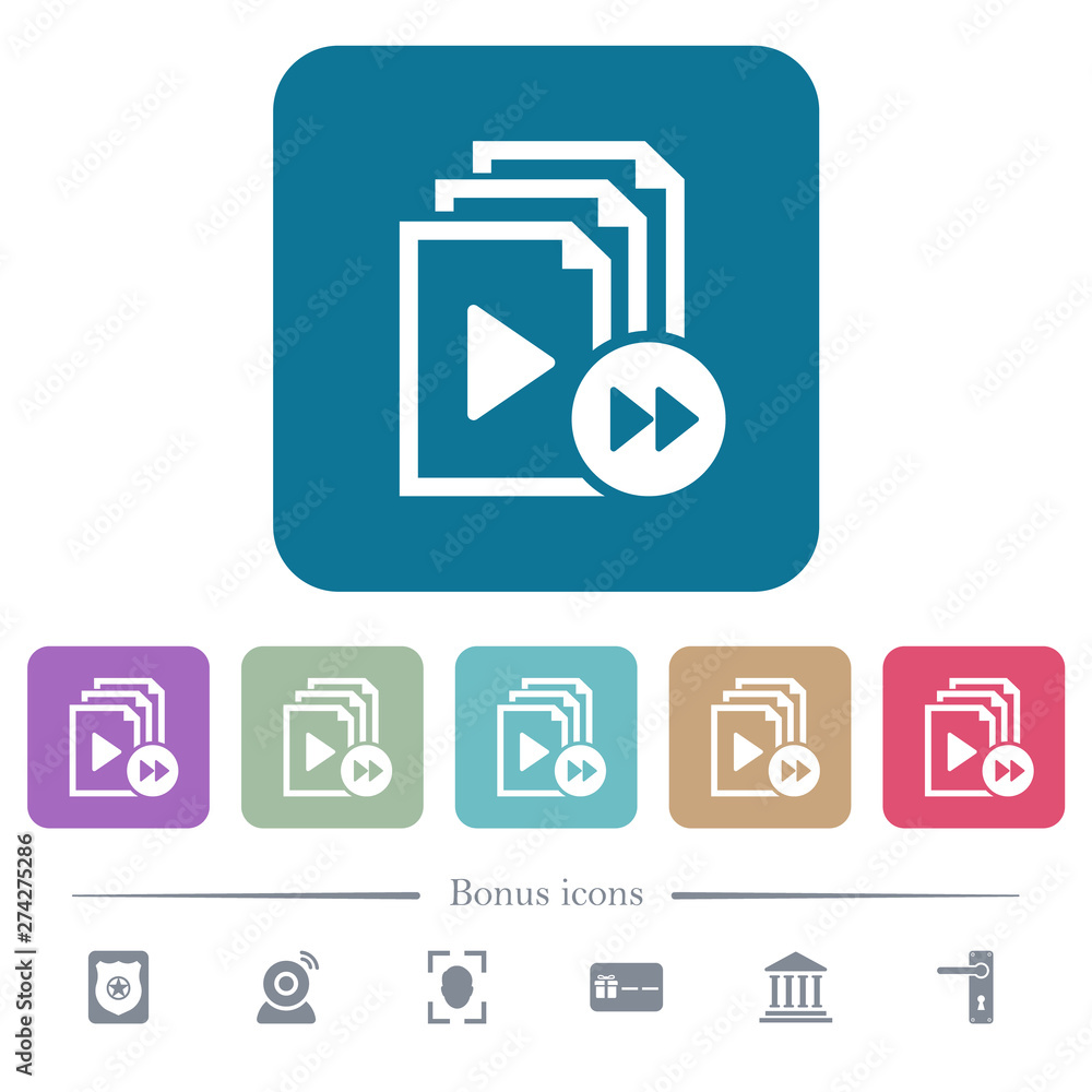 Poster playlist fast forward flat icons on color rounded square backgrounds