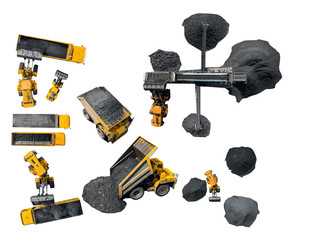 Concept coal industry. Isolated set mining grinder, excavator, big car for transportation