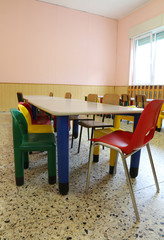 small chairs and tables inside a school classroom without childr