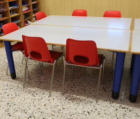 red chairs in the classroom of a kindergarten
