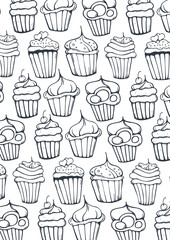  Sketches Cupcakes Background. Birthday cakes, desserts, hand drawing style.