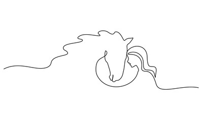 One line drawing. Horse and woman heads logo