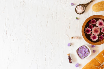 Top view of spa set with towels flower and Luffa. Relaxation concept