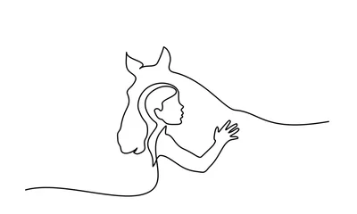 Foto op Plexiglas Een lijntekening. Paard en vrouwenhoofden logo © Valenty