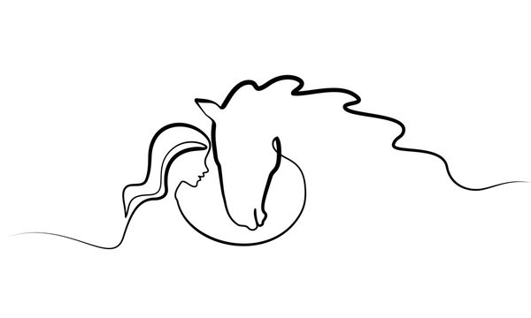 recommend clip art: One line drawing. Horse and woman heads logo